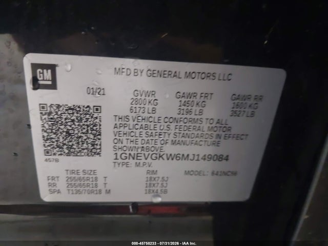 Продажа на аукционе авто 2021 Chevrolet Traverse Awd Lt Cloth, vin: 1GNEVGKW6MJ149084, номер лота: 45758233