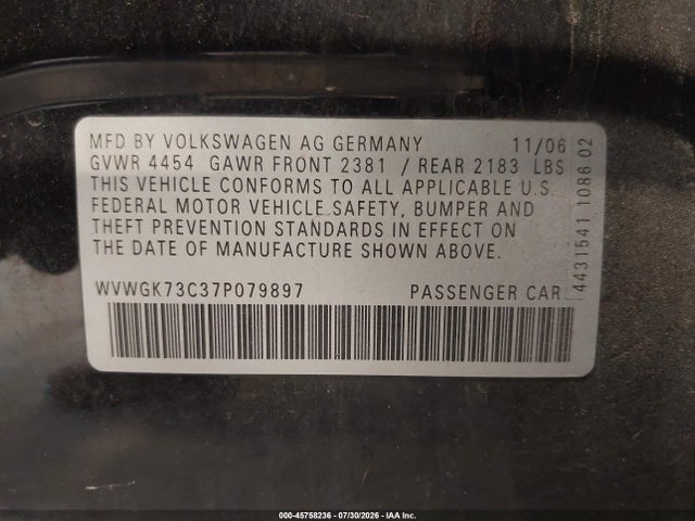 2007 Volkswagen Passat 2.0t მანქანა იყიდება აუქციონზე, vin: WVWGK73C37P079897, აუქციონის ნომერი: 45758236