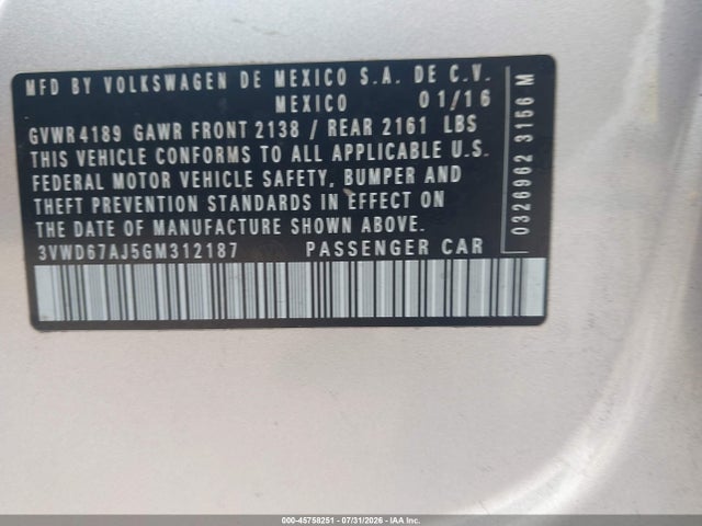 45758251 :رقم المزاد ، 3VWD67AJ5GM312187 vin ، 2016 Volkswagen Jetta 1.4t Se مزاد بيع