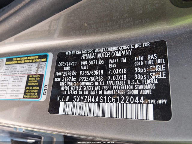 2012 Hyundai Santa Fe Se მანქანა იყიდება აუქციონზე, vin: 5XYZH4AG1CG122044, აუქციონის ნომერი: 45758258