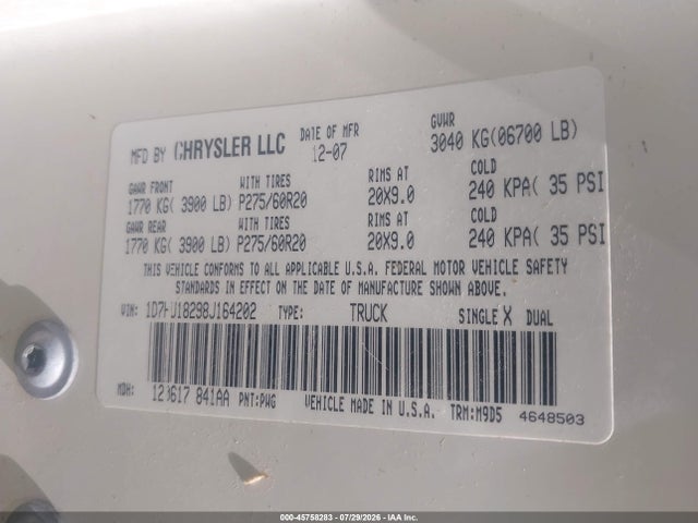 Aukcja sprzedaży 2008 Dodge Ram 1500 Slt, vin: 1D7HU18298J164202, numer aukcji: 45758283