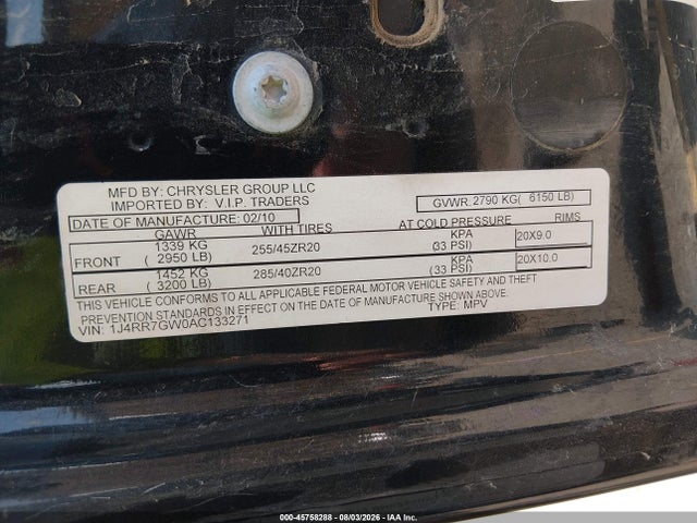 Aukcja sprzedaży 2010 Jeep Grand Cherokee Srt8, vin: 1J4RR7GW0AC133271, numer aukcji: 45758288