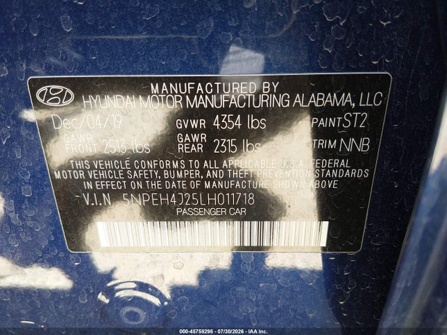 Продаж на аукціоні авто 2020 Hyundai Sonata Limited, vin: 5NPEH4J25LH011718, номер лоту: 45758298