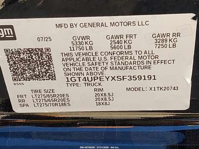 1GT4UPEYXSF359191 GMC Sierra 2500hd 4wd Standard Bed At4