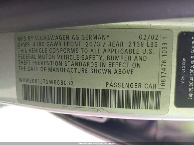 2002 Volkswagen Jetta Gls 2.0l მანქანა იყიდება აუქციონზე, vin: WVWSK61J72W568033, აუქციონის ნომერი: 45758314