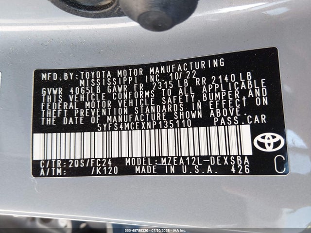 5YFS4MCEXNP135110 Toyota Corolla Se Apex Edition