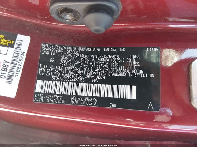 2005 Toyota Sienna Le მანქანა იყიდება აუქციონზე, vin: 5TDZA23C65S327156, აუქციონის ნომერი: 45758331