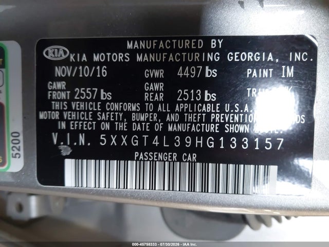 45758333 :رقم المزاد ، 5XXGT4L39HG133157 vin ، 2017 Kia Optima Lx مزاد بيع