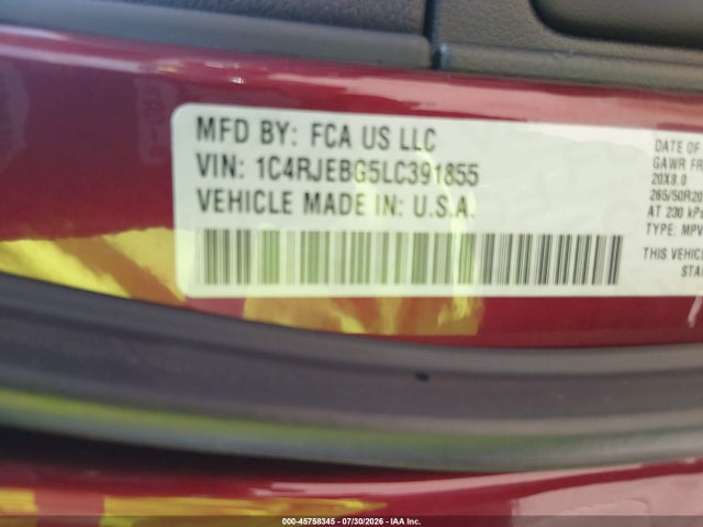 45758345 :رقم المزاد ، 1C4RJEBG5LC391855 vin ، 2020 Jeep Grand Cherokee Limited X 4x2 مزاد بيع