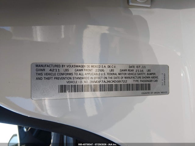 Продаж на аукціоні авто 2012 Volkswagen Jetta 2.5l Se, vin: 3VWDP7AJ4CM308722, номер лоту: 45758347