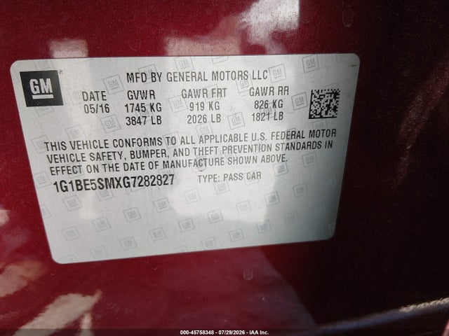 1G1BE5SMXG7282827 Chevrolet Cruze Lt Auto