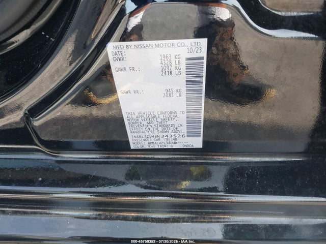 Продаж на аукціоні авто 2024 Nissan Altima Sv Fwd, vin: 1N4BL4DV4RN343526, номер лоту: 45758352