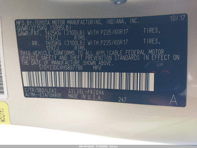 5TDYZ3DCXHS897786 Toyota Sienna Xle 8 Passenger