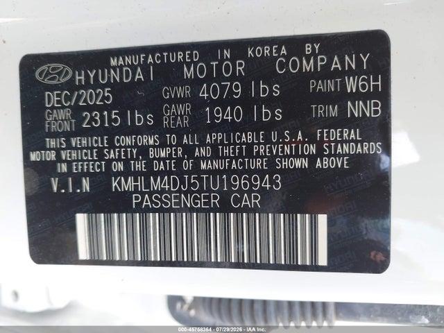 Aukcja sprzedaży 2026 Hyundai Elantra Hybrid Blue, vin: KMHLM4DJ5TU196943, numer aukcji: 45758364