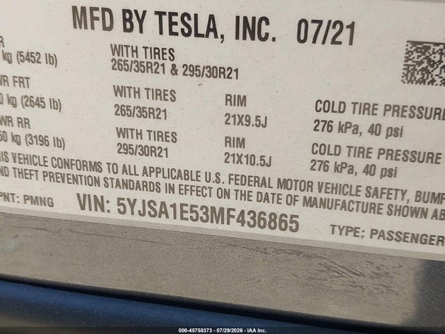 Продаж на аукціоні авто 2021 Tesla Model S Long Range Dual Motor All-wheel Drive, vin: 5YJSA1E53MF436865, номер лоту: 45758373