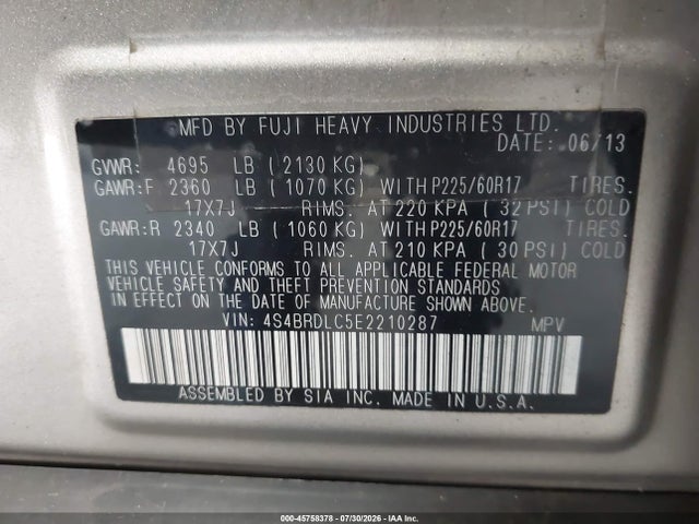 Продажа на аукционе авто 2014 Subaru Outback 3.6r Limited, vin: 4S4BRDLC5E2210287, номер лота: 45758378