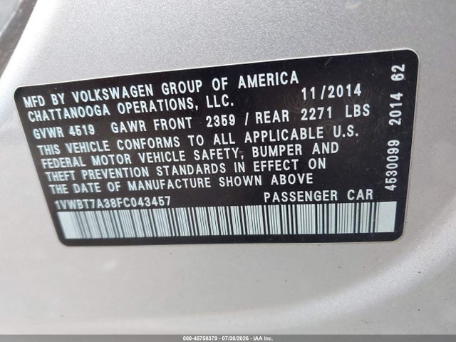 45758379 :رقم المزاد ، 1VWBT7A38FC043457 vin ، 2015 Volkswagen Passat 1.8t Se مزاد بيع