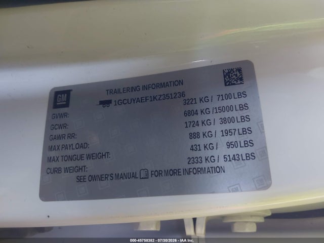 45758382 :رقم المزاد ، 1GCUYAEF1KZ351236 vin ، 2019 Chevrolet Silverado 1500 Work Truck مزاد بيع