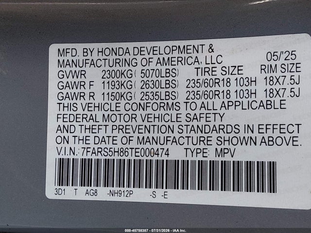 45758387 :رقم المزاد ، 7FARS5H86TE000474 vin ، 2026 Honda Cr-v Hybrid 2wd Sport-l مزاد بيع