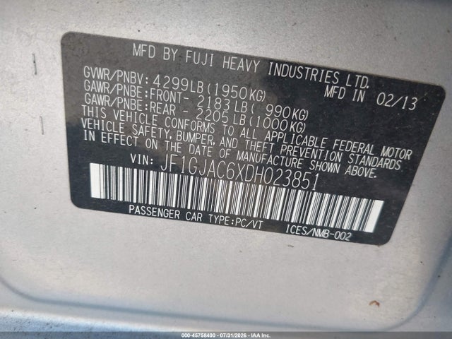 Aukcja sprzedaży 2013 Subaru Impreza 2.0i Premium, vin: JF1GJAC6XDH023851, numer aukcji: 45758400