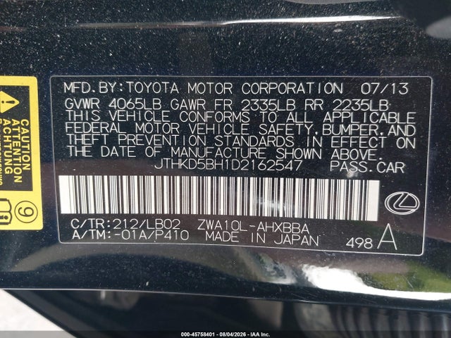 Aukcja sprzedaży 2013 Lexus Ct 200h, vin: JTHKD5BH1D2162547, numer aukcji: 45758401