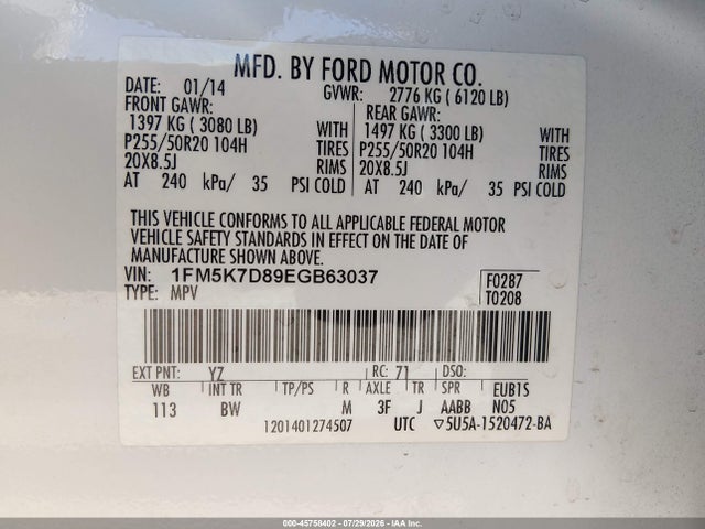Ford EXPLORER XLT 2014 1FM5K7D89EGB63037 Image 9