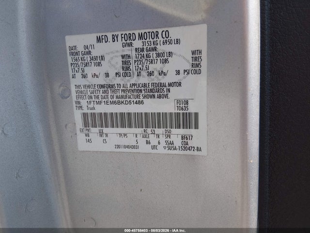 Продажа на аукционе авто 2011 Ford F-150 Xl, vin: 1FTMF1EM6BKD51486, номер лота: 45758403