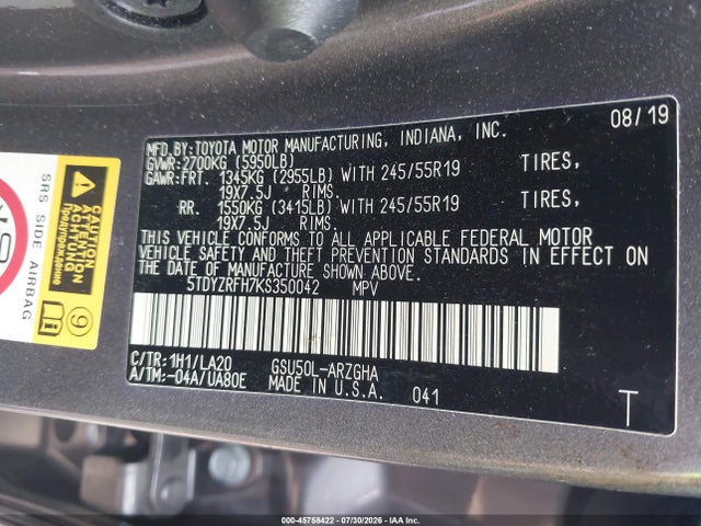 Продаж на аукціоні авто 2019 Toyota Highlander Limited, vin: 5TDYZRFH7KS350042, номер лоту: 45758422