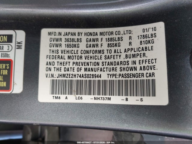 45758427 :رقم المزاد ، JHMZE2H74AS028944 vin ، 2010 Honda Insight Ex مزاد بيع