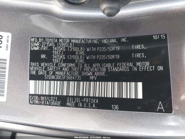 5TDXK3DC5FS664735 Toyota Sienna Se 8 Passenger