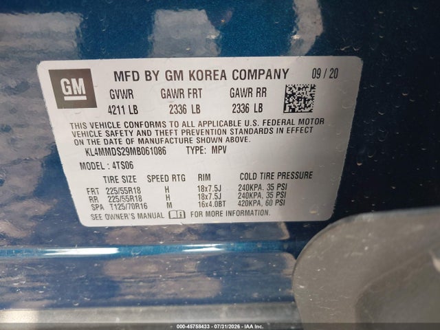 45758433 :رقم المزاد ، KL4MMDS29MB061086 vin ، 2021 Buick Encore Gx Fwd Select مزاد بيع