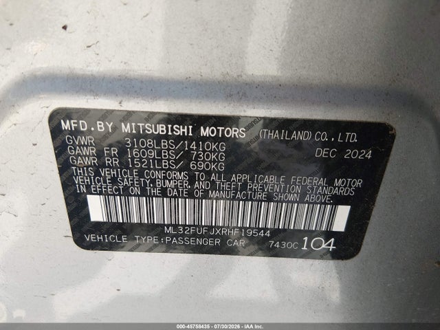 45758435 :رقم المزاد ، ML32FUFJXRHF19544 vin ، 2024 Mitsubishi Mirage G4 Es مزاد بيع