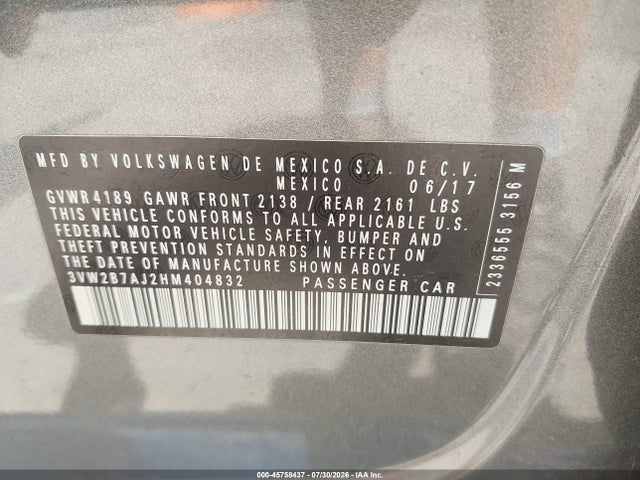 2017 Volkswagen Jetta 1.4t S მანქანა იყიდება აუქციონზე, vin: 3VW2B7AJ2HM404832, აუქციონის ნომერი: 45758437