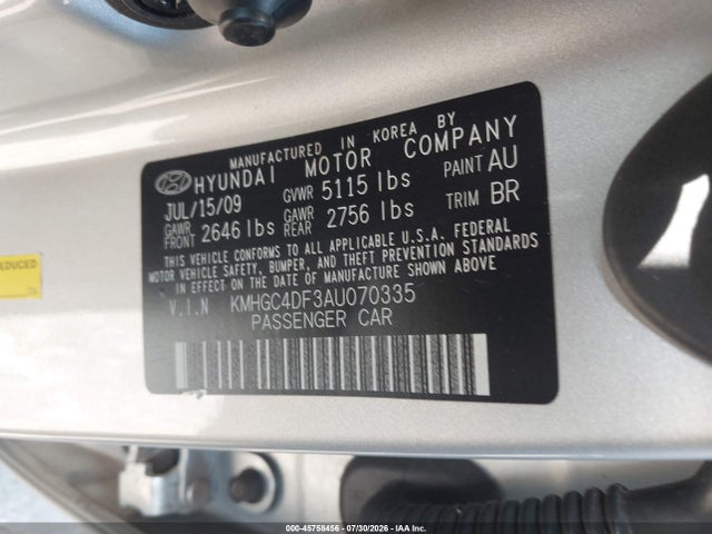 Aukcja sprzedaży 2010 Hyundai Genesis 4.6, vin: KMHGC4DF3AU070335, numer aukcji: 45758456