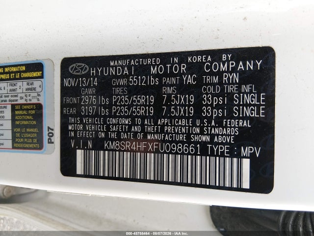 Продаж на аукціоні авто 2015 Hyundai Santa Fe Limited, vin: KM8SR4HFXFU098661, номер лоту: 45758464