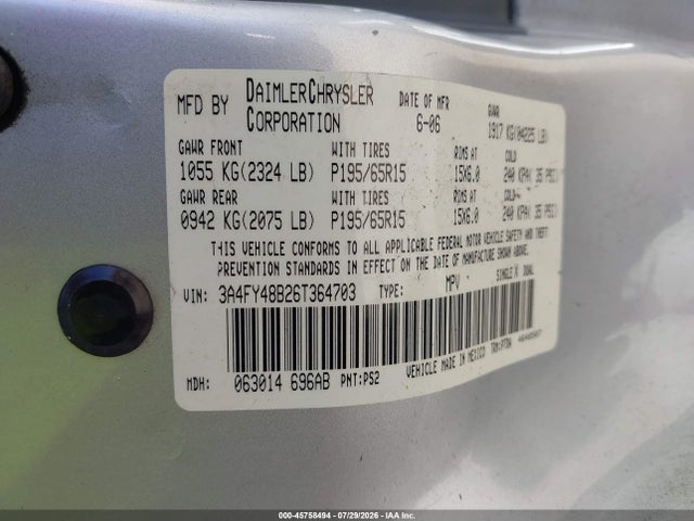 Продаж на аукціоні авто 2006 Chrysler Pt Cruiser, vin: 3A4FY48B26T364703, номер лоту: 45758494