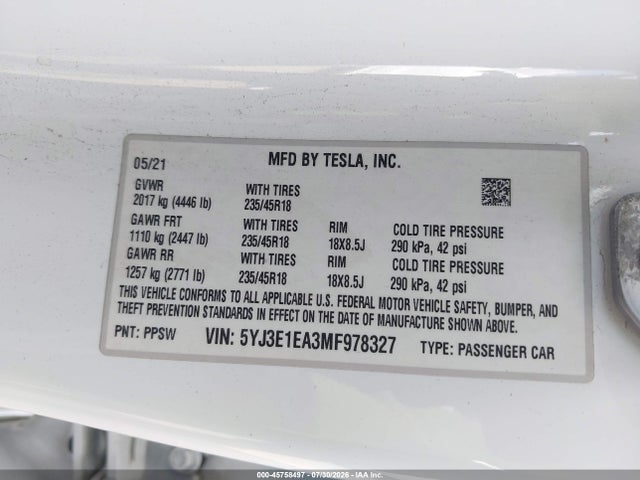 Tesla Model 3 Standard Range Plus Rear-wheel Drive 2021 5YJ3E1EA3MF978327 Image 9