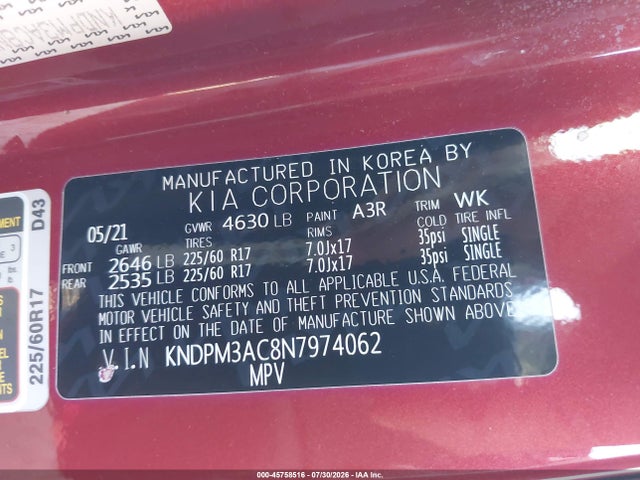 45758516 :رقم المزاد ، KNDPM3AC8N7974062 vin ، 2022 Kia Sportage Lx مزاد بيع