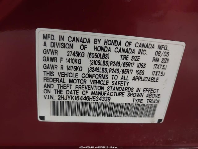 45758518 :رقم المزاد ، 2HJYK16446H534339 vin ، 2006 Honda Ridgeline Rts مزاد بيع