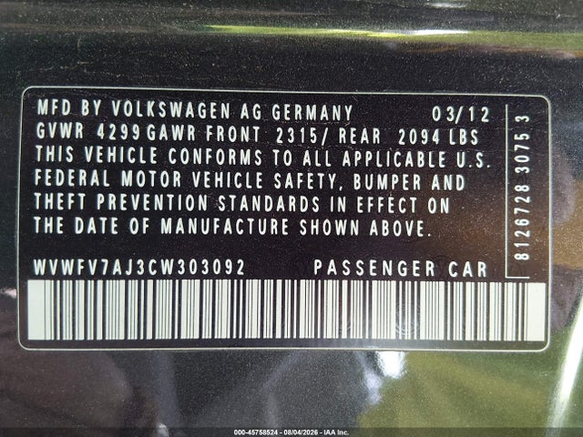 2012 Volkswagen Gti 2-door მანქანა იყიდება აუქციონზე, vin: WVWFV7AJ3CW303092, აუქციონის ნომერი: 45758524