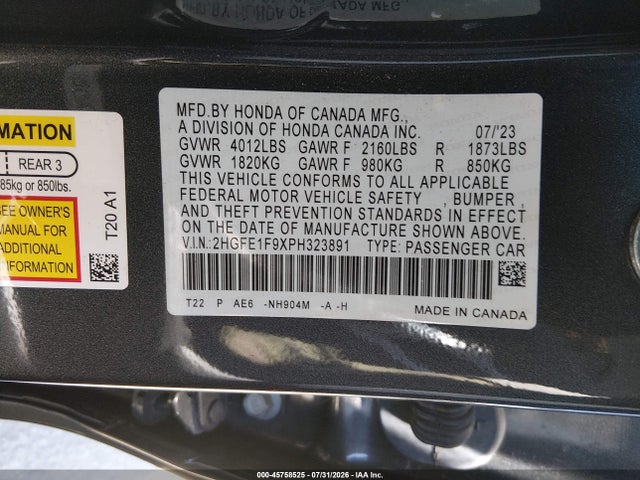 Honda Civic Touring 2023 2HGFE1F9XPH323891 Image 9