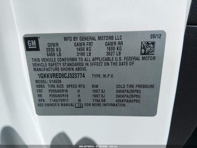 Продаж на аукціоні авто 2012 Gmc Acadia Slt-1, vin: 1GKKVRED8CJ323774, номер лоту: 45758533