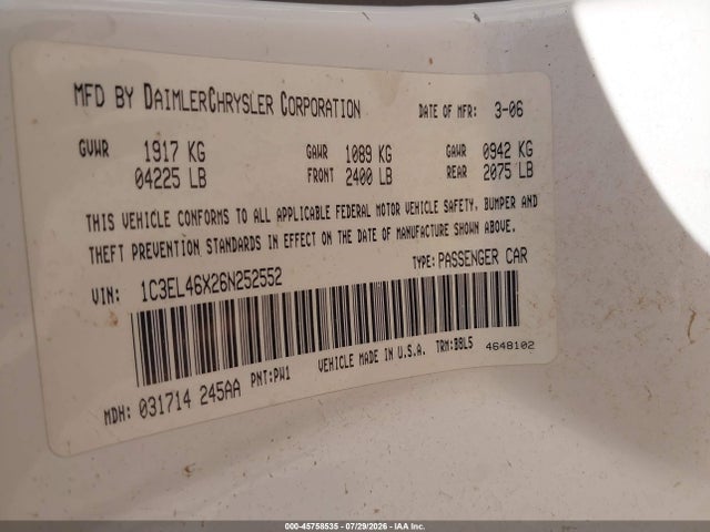 2006 Chrysler Sebring მანქანა იყიდება აუქციონზე, vin: 1C3EL46X26N252552, აუქციონის ნომერი: 45758535