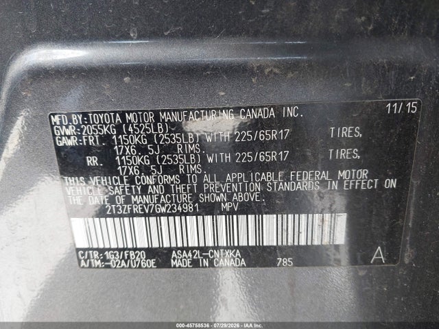 45758536 :رقم المزاد ، 2T3ZFREV7GW234981 vin ، 2016 Toyota Rav4 Le مزاد بيع