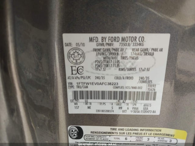 Aukcja sprzedaży 2010 Ford F-150 Fx4/harley-davidson/king Ranch/lariat/platinum/xl/xlt, vin: 1FTFW1EV0AFC38223, numer aukcji: 45758537