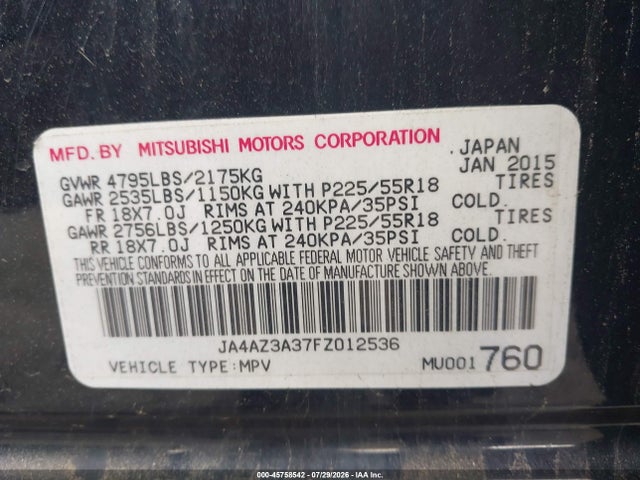 Aukcja sprzedaży 2015 Mitsubishi Outlander Se, vin: JA4AZ3A37FZ012536, numer aukcji: 45758542