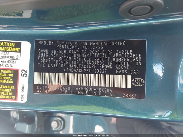 Продаж на аукціоні авто 2025 Toyota Camry Se, vin: 4T1DAACK2SU123937, номер лоту: 45758563