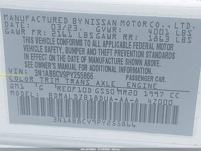 3N1AB8CV9PY255866 Nissan Sentra Sv Xtronic Cvt