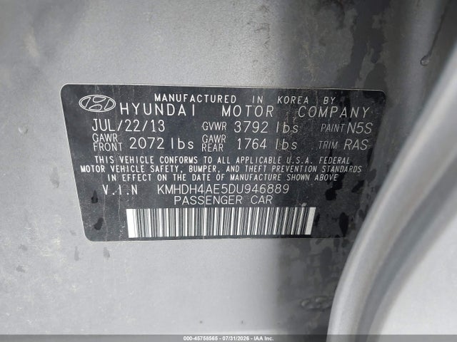 45758565 :رقم المزاد ، KMHDH4AE5DU946889 vin ، 2013 Hyundai Elantra Gls مزاد بيع
