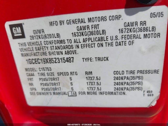 Продаж на аукціоні авто 2005 Chevrolet Silverado 1500 Work Truck, vin: 1GCEC19X85Z315487, номер лоту: 45758573